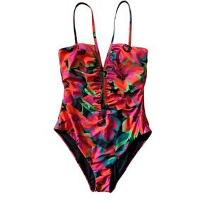 Sanctuary Tropical Floral V-Wire Swimsuit Size M Vacation Beachwear Dopamine